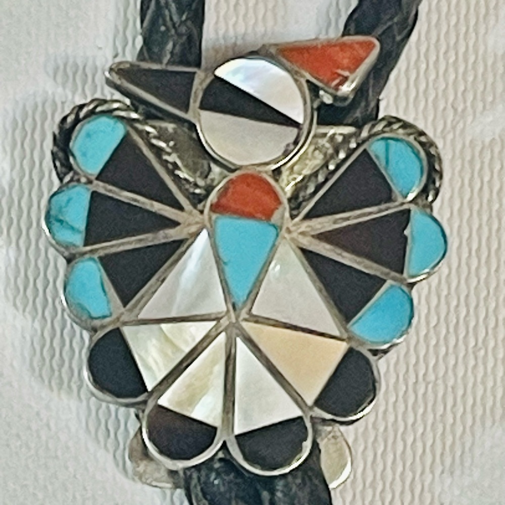VTG Native American ZUNI STERLING SILVER MOSAIC INLAY THUNDERBIRD BOLO TIE Sign - Picture 2 of 10